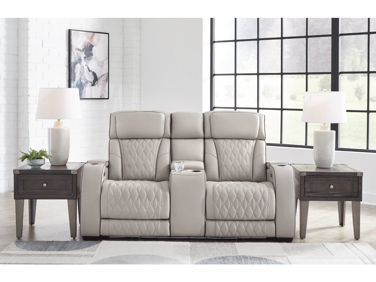 Boyington Dual Power Leather Reclining Loveseat with Console | Gray